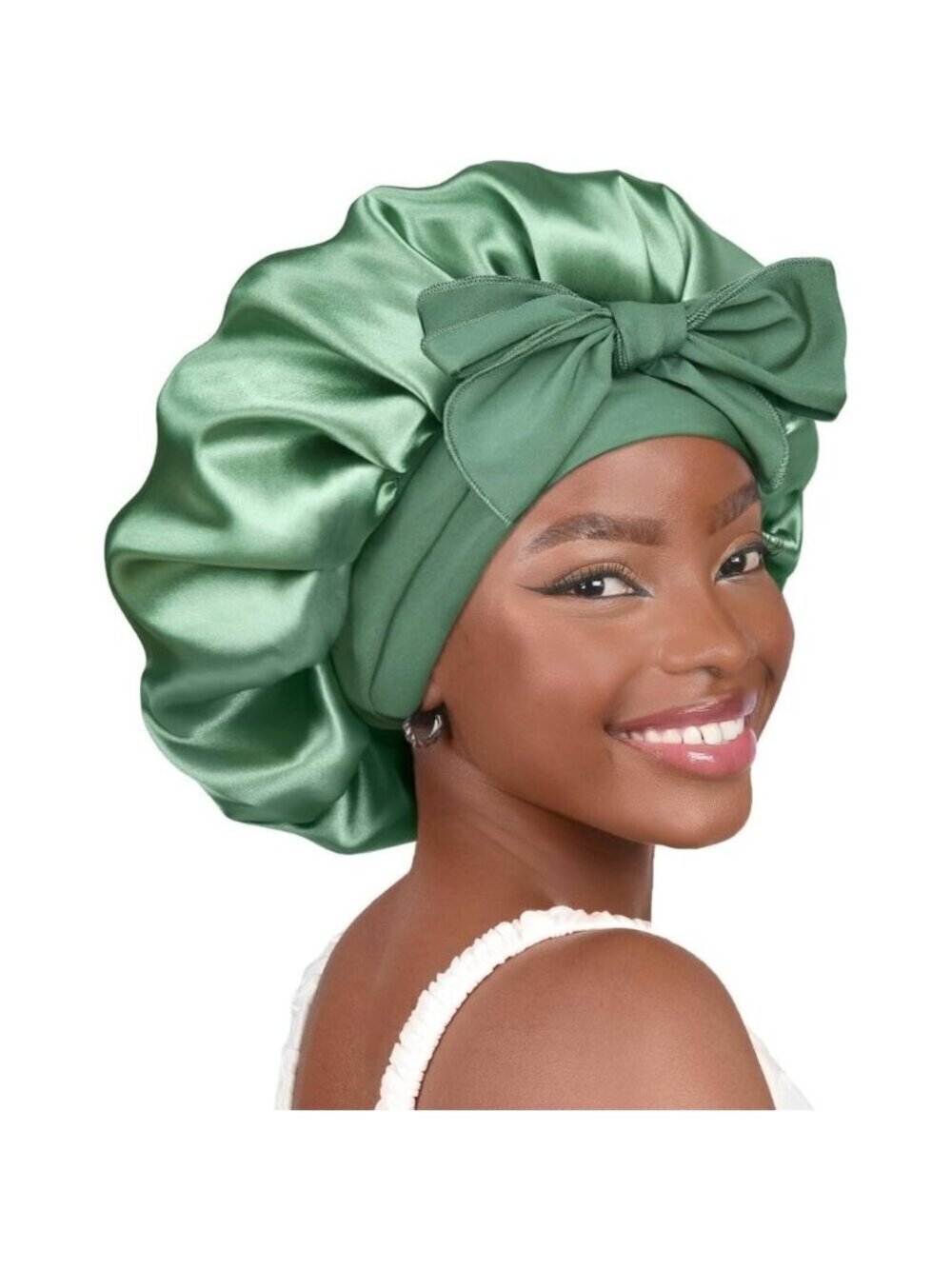 🆕 Women Silk Bonnet Green Satin Double Layer Lined Hair Tie Band Curly Natural